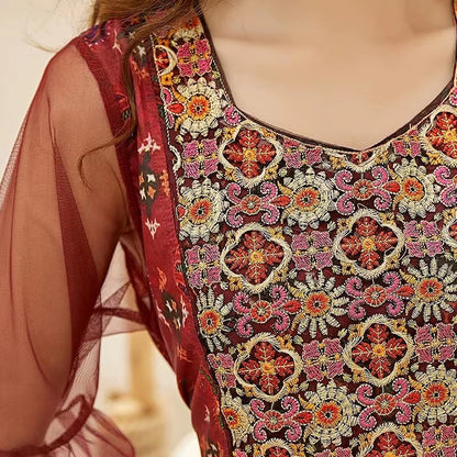 Bohemian Round Neck Patchwork Embroidered Printed Dress