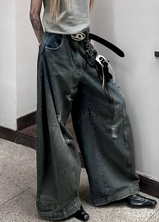 Dark Gray Ripped Pocket Denim Wide Leg Pants