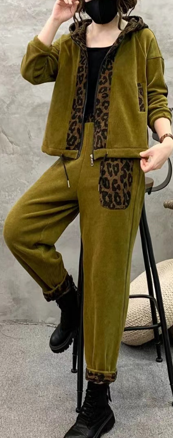 Casual leopard print patchwork drawstring thickened fleece two-piece set