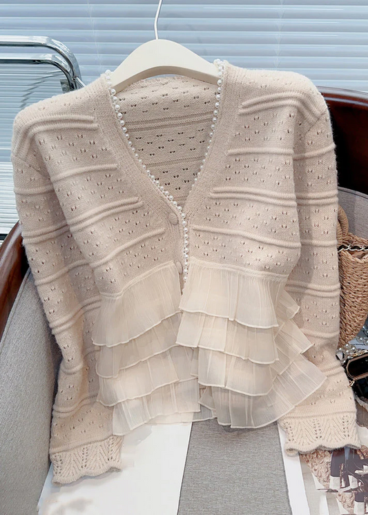 Elegant Women's Khaki Ruffle Pearl Patchwork Knit Cardigan