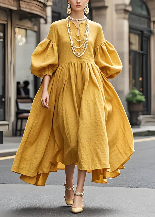 Women's Italian Bohemian Yellow Cotton Long Dress Lantern Sleeve Spring Summer