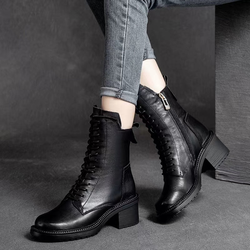 Fashion Casual Cowhide Boots Lace Up Zipper Hundred Short Boots