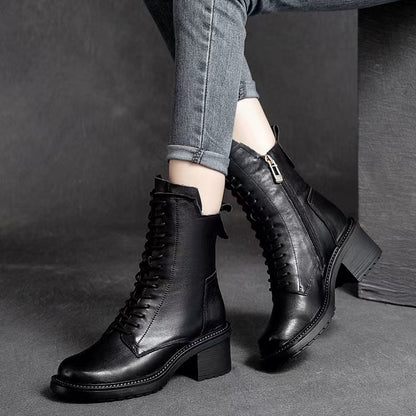Fashion Casual Cowhide Boots Lace Up Zipper Hundred Short Boots