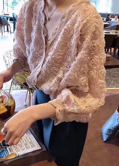 Women's White Button Down Solid Lace Shirt V-Neck