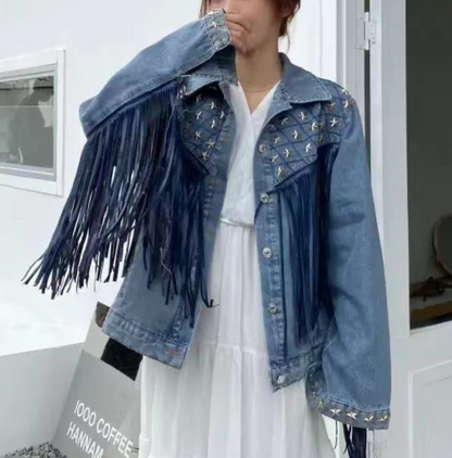 Stylish Pentagram Willow Tassel Trimmed Denim Jacket