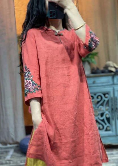 Chinese Standing Collar Embroidered Patchwork Linen Shirt Top