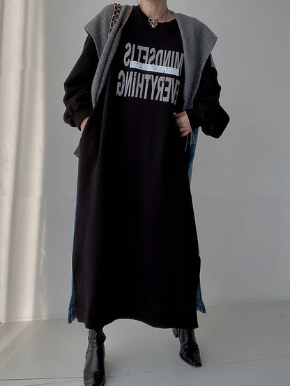 Women's Big Size Fashion Letter Printed Denim Patchwork Long Sleeve Sweatshirt Dress Spring