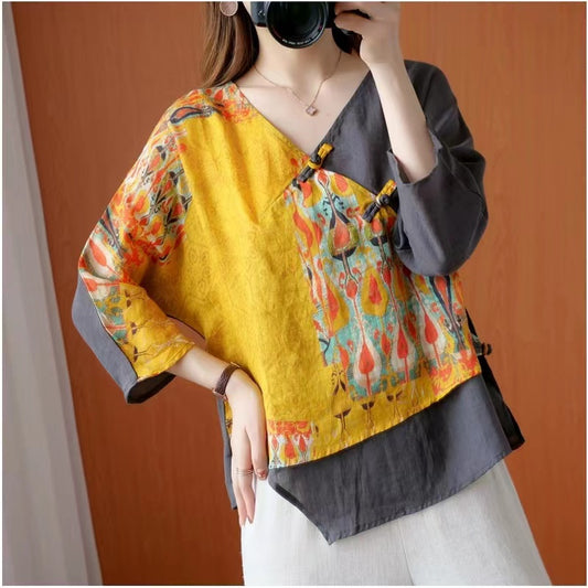 Vintage V-Neck Color-Collision Asymmetric Cotton Blouse Top