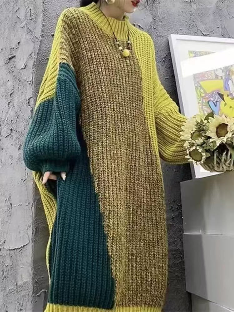 Loose plus size color clashing knitted sweater long sleeve winter