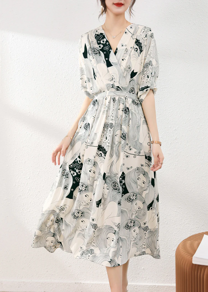 Elegant V-Neck Printed Waist Tie Chiffon Long Dress