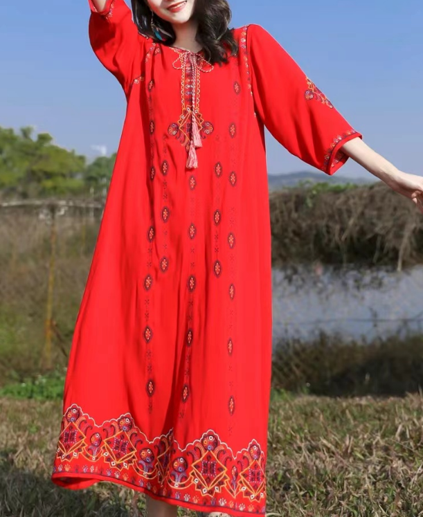 Loose Tie Embroidered Short Sleeve Dress