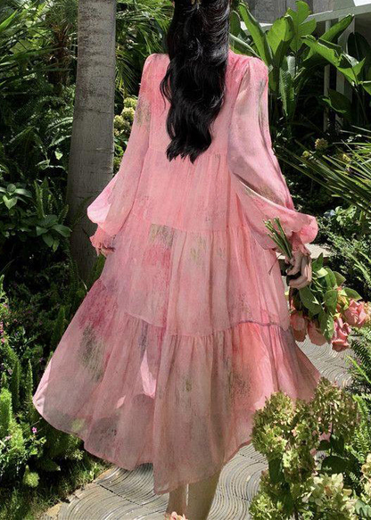 Women's Original Pink Ruffle Tie Splicing Chiffon Long Sleeve Dress Party