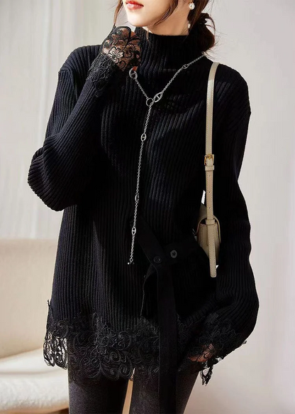 Women's Loose High Neck Lace Patchwork Cotton Knit Sweater Long Sleeve