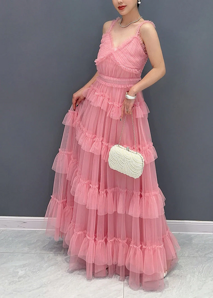 Italian Pink Ruffle Tulle Spaghetti Strap Long Dress