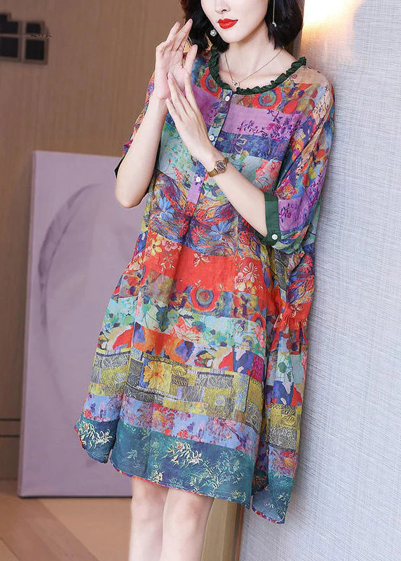 Fashion Printed Button Side Split Linen Vacation Dress Half Sleeve