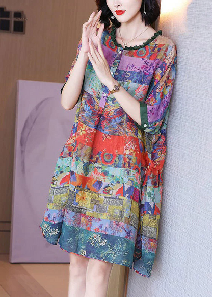 Fashion Printed Button Side Split Linen Vacation Dress Half Sleeve