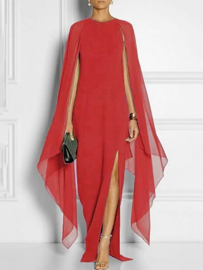 French Split Hem Cape Sleeve Extra Long Dress