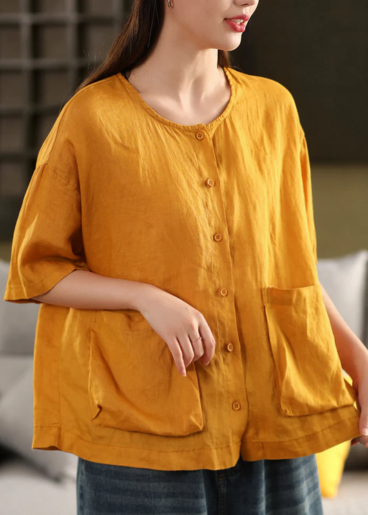 Round Neck Button Pocket Linen Shirt Top Yellow