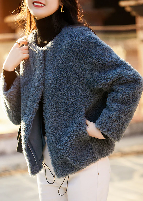 Women's Plus Size Blue Pocket Drawstring Teddy Faux Fur Coat