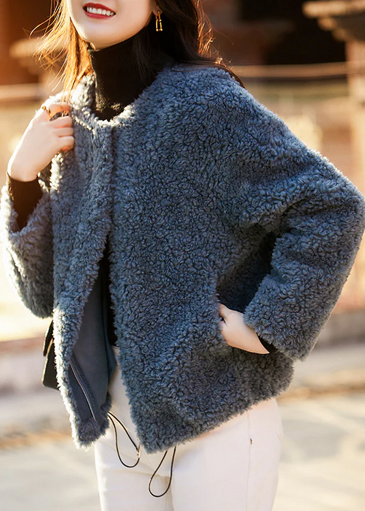 Women's Plus Size Blue Pocket Drawstring Teddy Faux Fur Coat