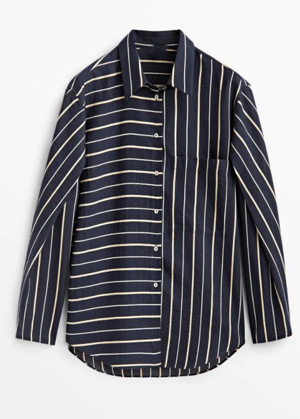 Stylish Striped Patchwork Low Rise Design Cotton Shirt Top