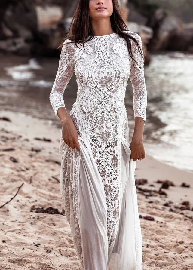 Women's Elegant White Backless Hollow Out Lace Long Dresses