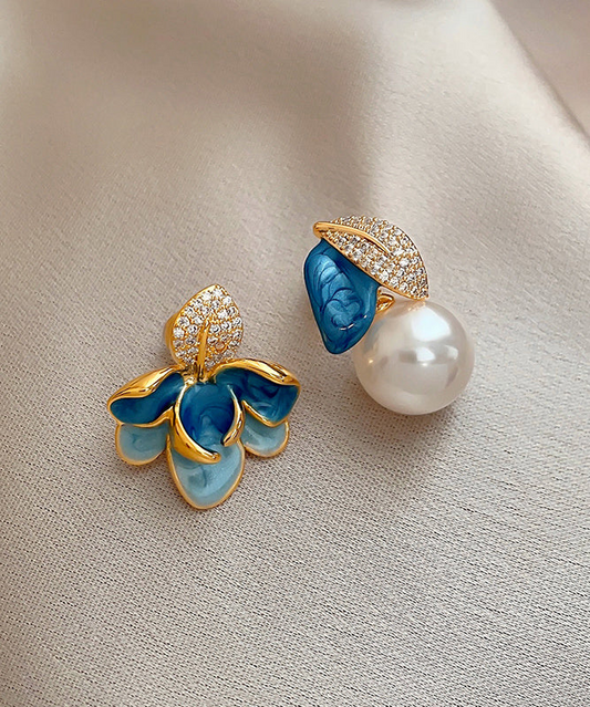 Fine Blue Copper Zirconia Asymmetrical Pearl Enamel Drip Glaze Stud Earrings