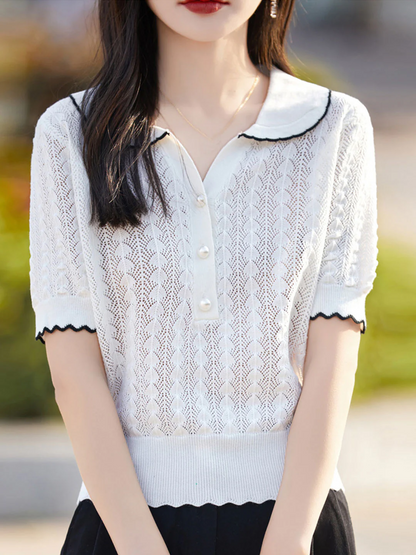 Elegant Lapel Skeleton Knit Short Sleeve Shirt Top