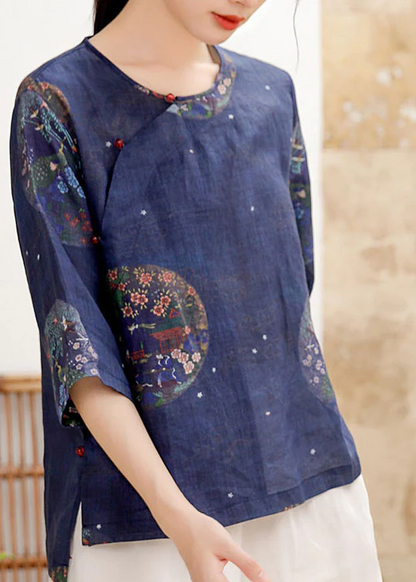 Elegant Button O Neck Printed Linen Shirt Half Sleeve Top
