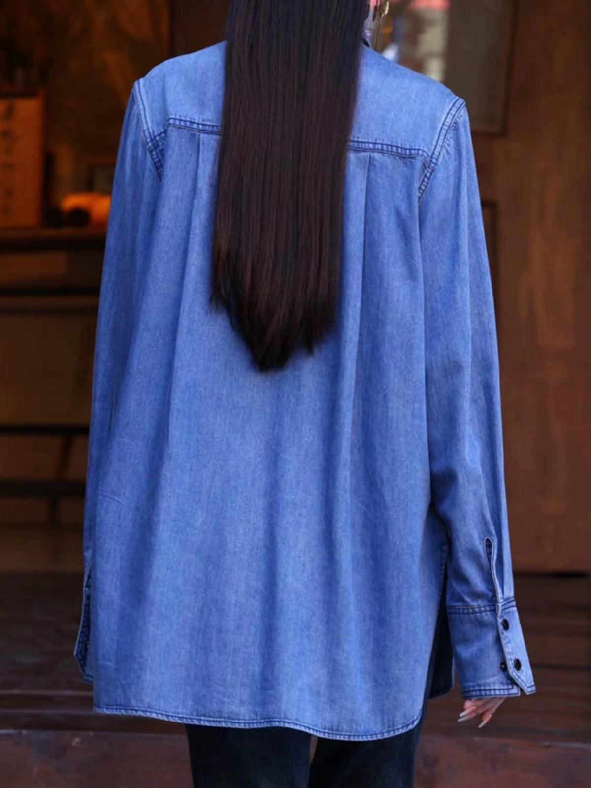 Elegant Embroidery Lapel Pocket Long Sleeve Shirt Denim Top