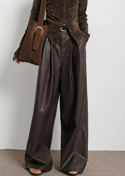 Women's Large Size Pocket High Waist Faux Leather Pants