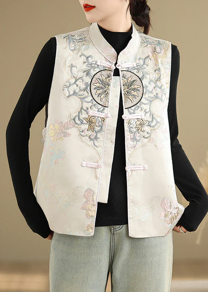 Chinese Original Apricot Embroidered Cotton Vest Sleeveless