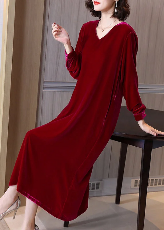 Women's Loose Solid Color Pocket Velvet Dress Long Sleeve