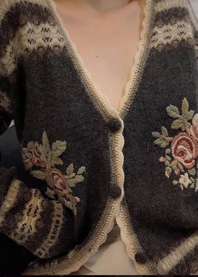 Women's Loose Embroidered Floral Knit Cardigan