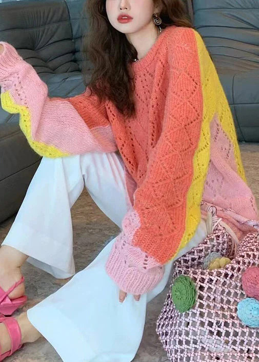 Casual colorblocked O-neck cut-out quilted cotton sweater