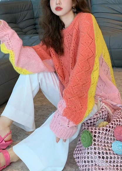 Casual colorblocked O-neck cut-out quilted cotton sweater