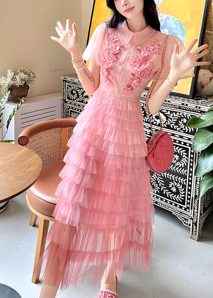 Italian Pink Embroidered Ruffle Patchwork Tulle Dress