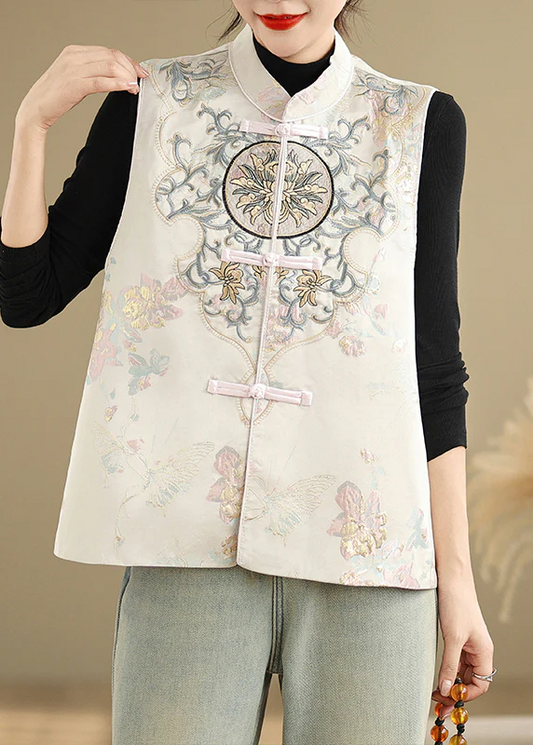 Chinese Original Apricot Embroidered Cotton Vest Sleeveless