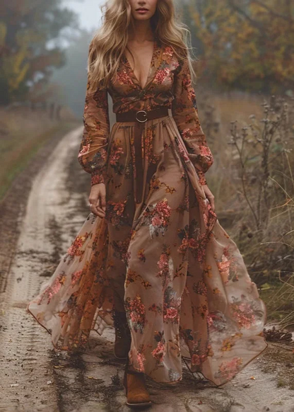 Women's Western Cowboy Boho Caramel V-Neck Printed Oversized Hem Dress