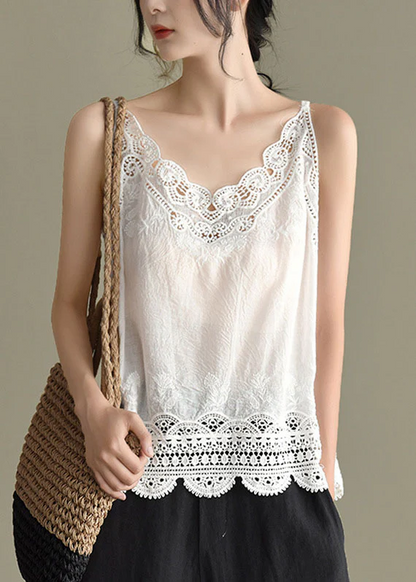 Women's White Lace Patchwork Cotton Spaghetti Strap Top