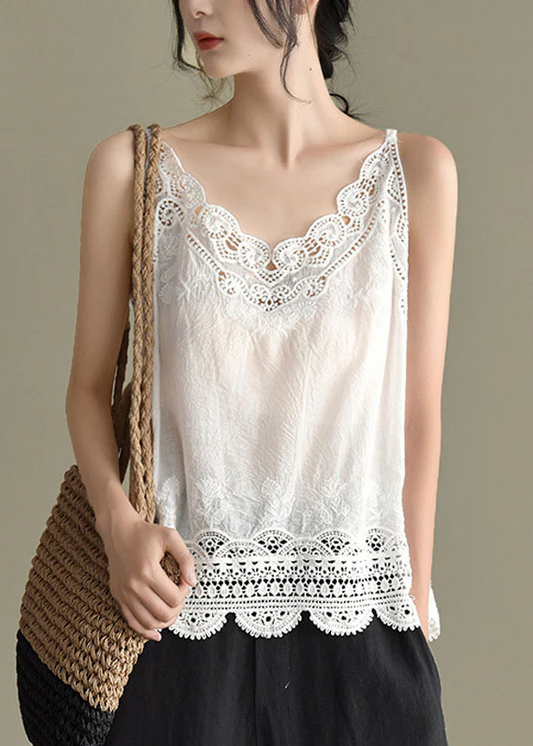 Women's White Lace Patchwork Cotton Spaghetti Strap Top