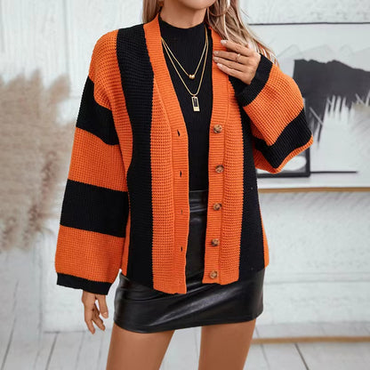 Loose Cardigan Orange Stripe Knitted Sweater