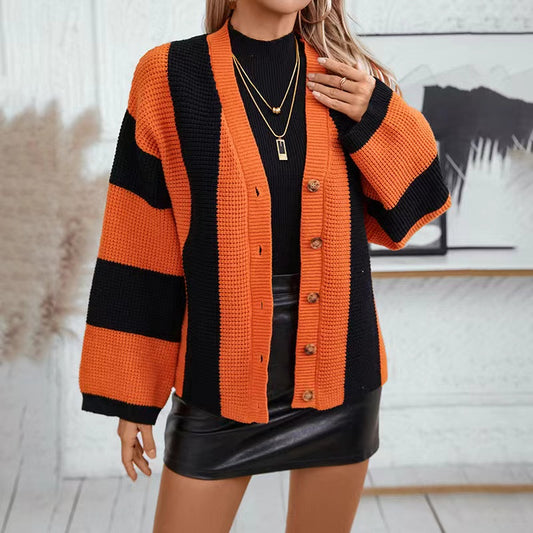 Loose Cardigan Orange Stripe Knitted Sweater