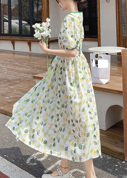French V-Neck Printed Tie Patchwork Short Sleeve Dress