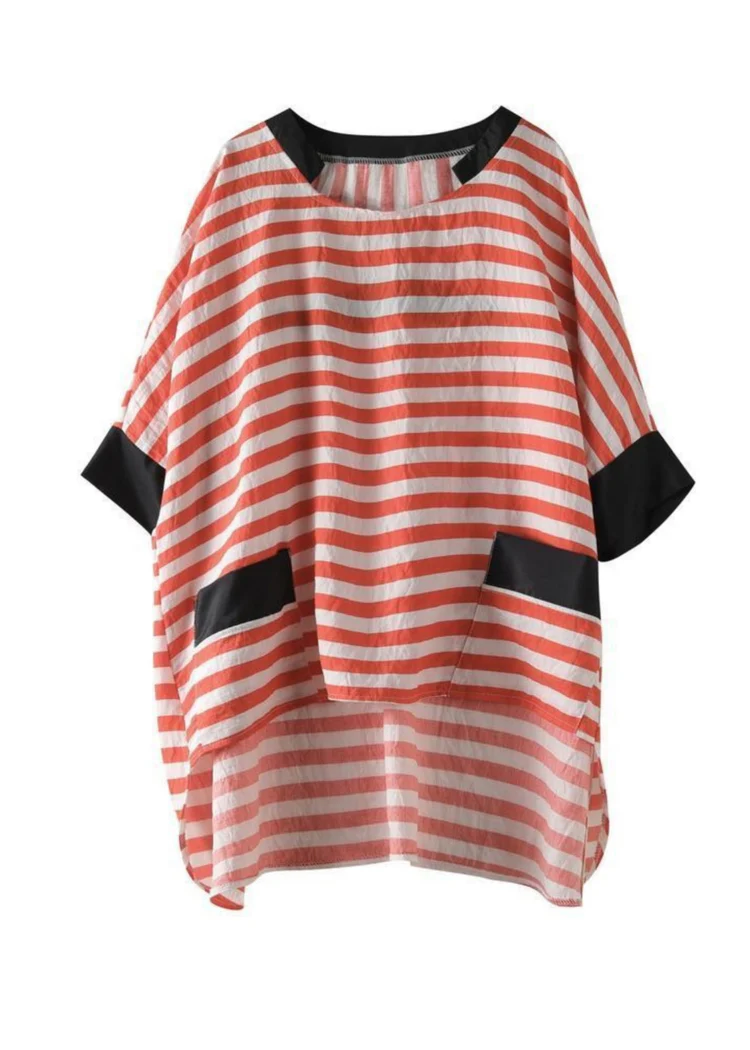 Plus Size Collar Striped Low Height Design Cotton Shirt Top