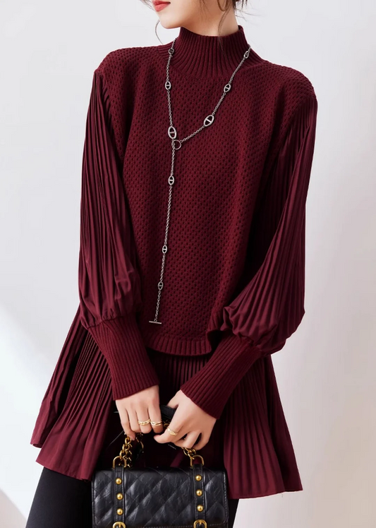 Women's Plus Size High Neck Knit Splicing Fake Two Piece Sweater Set