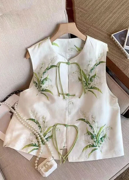 Chinese White Embroidered Chinese Button Silk Vest Sleeveless