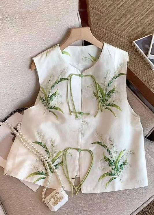 Chinese White Embroidered Chinese Button Silk Vest Sleeveless