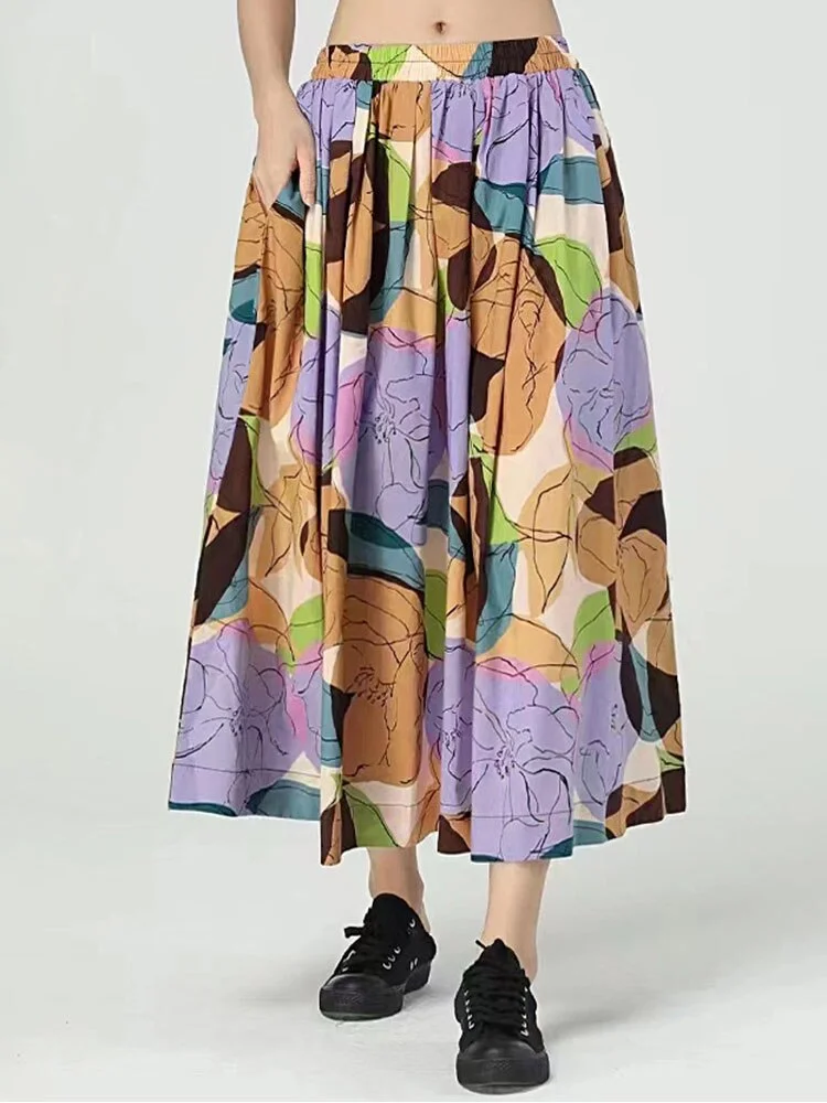 Italian Women's Elastic Waist Floral Print Pleated A-Line Skirt