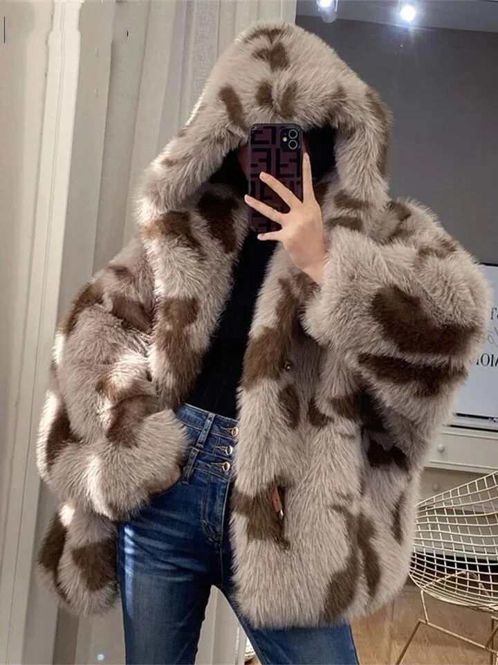 Hooded Long Sleeve Thick Faux Fur Puffy Coat